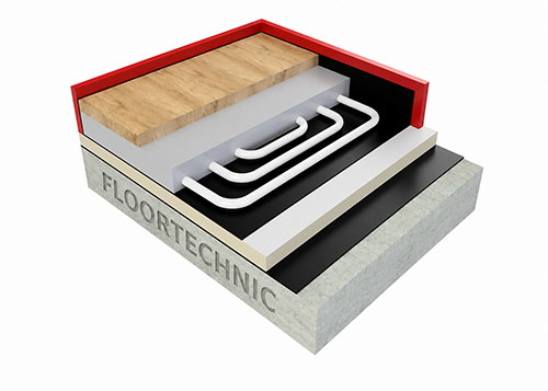 The screed is tapped or poured over an underfloor heating system, which sits on top of a layer of insulation.